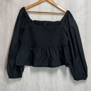 J.Crew Black Smocked Peplum Top 2X Style BE693 Cottagecore Boho Prairie